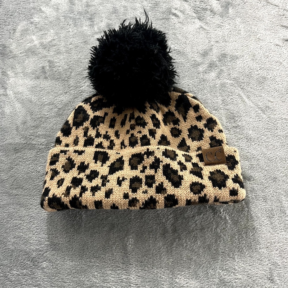 CC Exclusives Leopard Print Beanie Pom Pom Hat Tan Black Animal Print Knit